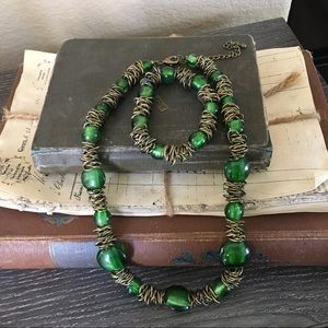 Vintage Brass and Glass Necklace and Bracelet Set